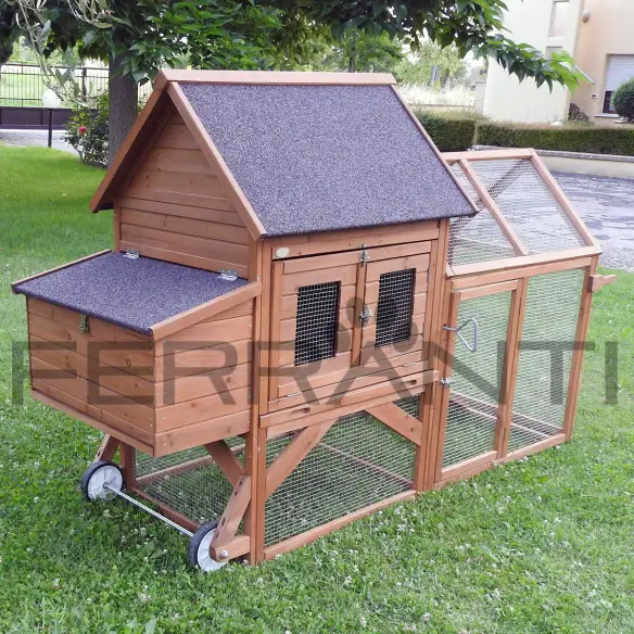 Back of mobile chicken coop with wheels