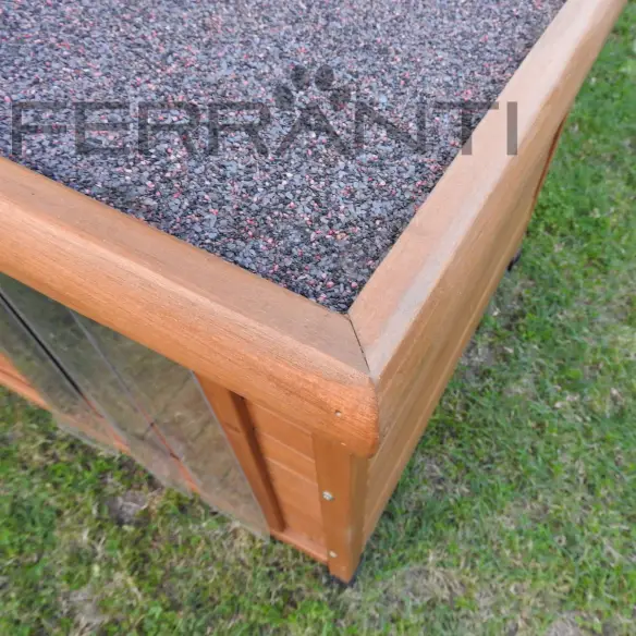 Opening roof of wooden dog house for medium dogs