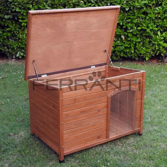 Opening roof of wooden dog house for medium dogs