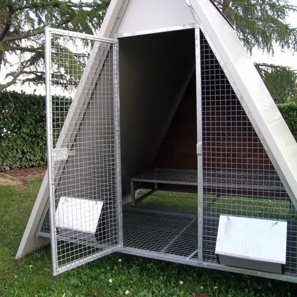 Entrance of insulated raised chicken coop for hens