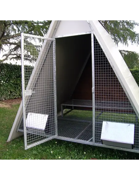 Entrance of insulated raised chicken coop for hens
