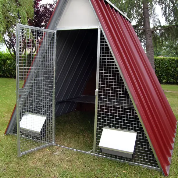 Door of ground chicken coop with locking latch and padlock fitting