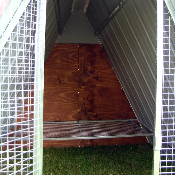 Interior of galvanized steel ground chicken coop with perch