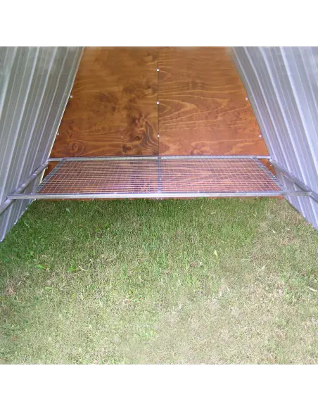 Interior of galvanized steel ground chicken coop with perch