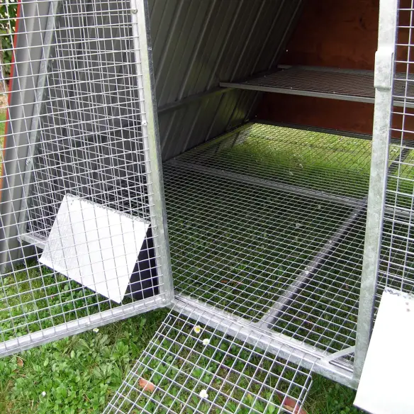Raised mesh floor of chicken coop for predator protection