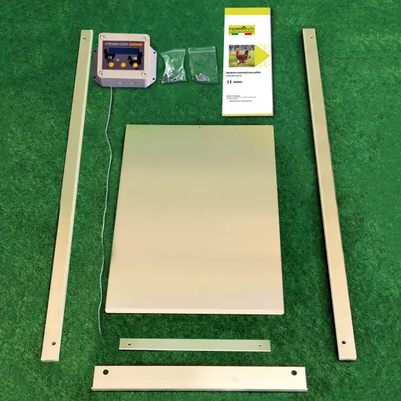 Complete automatic door kit for chicken coop with accessories