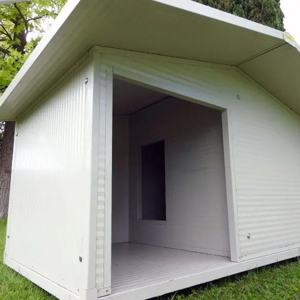 Interior of insulated doghouse with veranda