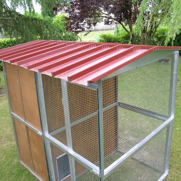 Outdoor wooden cat house with catio enclosure