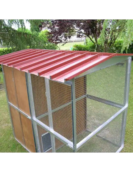 Outdoor wooden cat house with catio enclosure