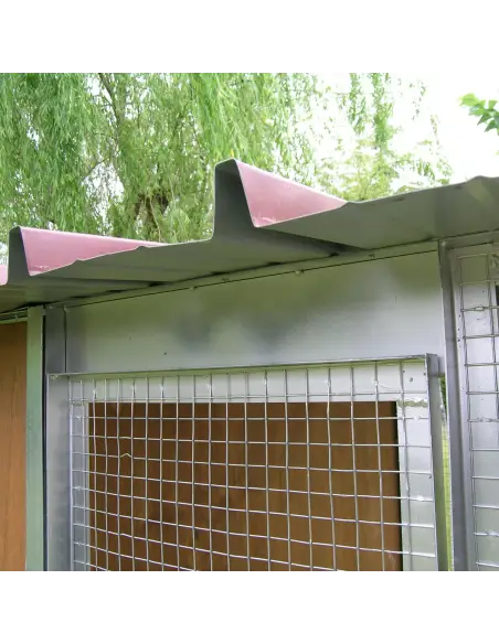 Outdoor wooden cat house with catio enclosure