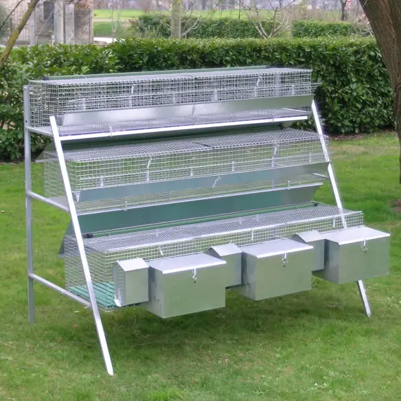 Rabbit cage with 3 breeding does and 12 fattening compartments