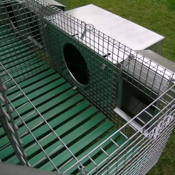 Interior detail of rabbit cage with accessories