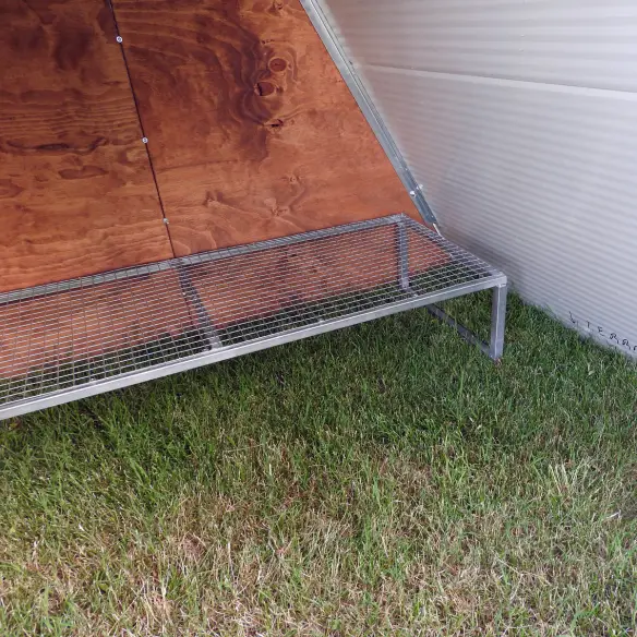 Interior of ground chicken coop with perch
