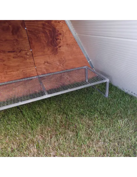 Interior of ground chicken coop with perch