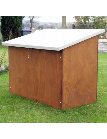 Back view of wooden dog house