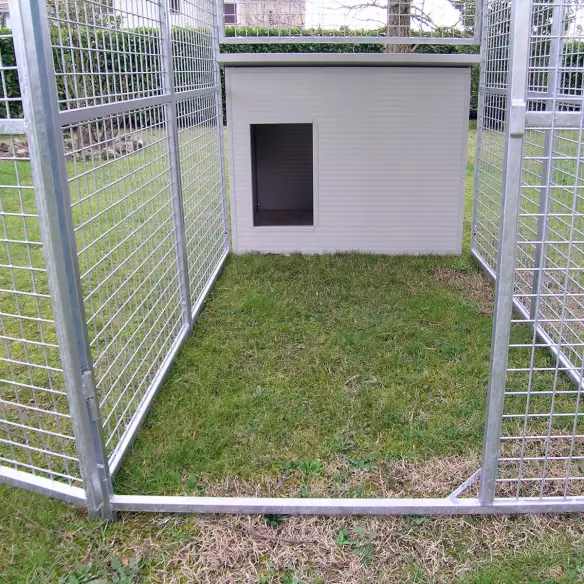 Day area of dog kennel with Dobermann dog house