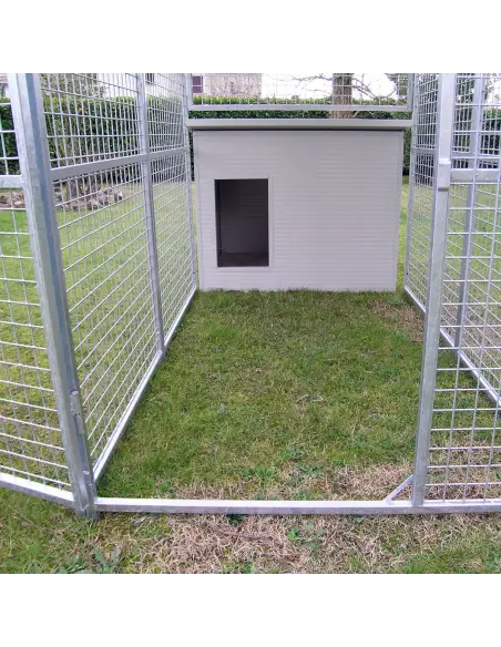 Day area of dog kennel with Dobermann dog house