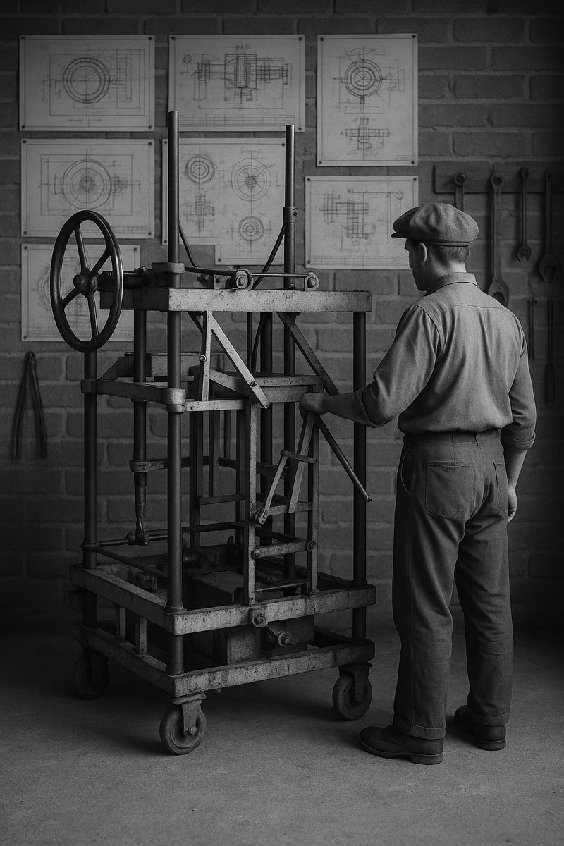 Prototype machine for making clay nests for pigeons.